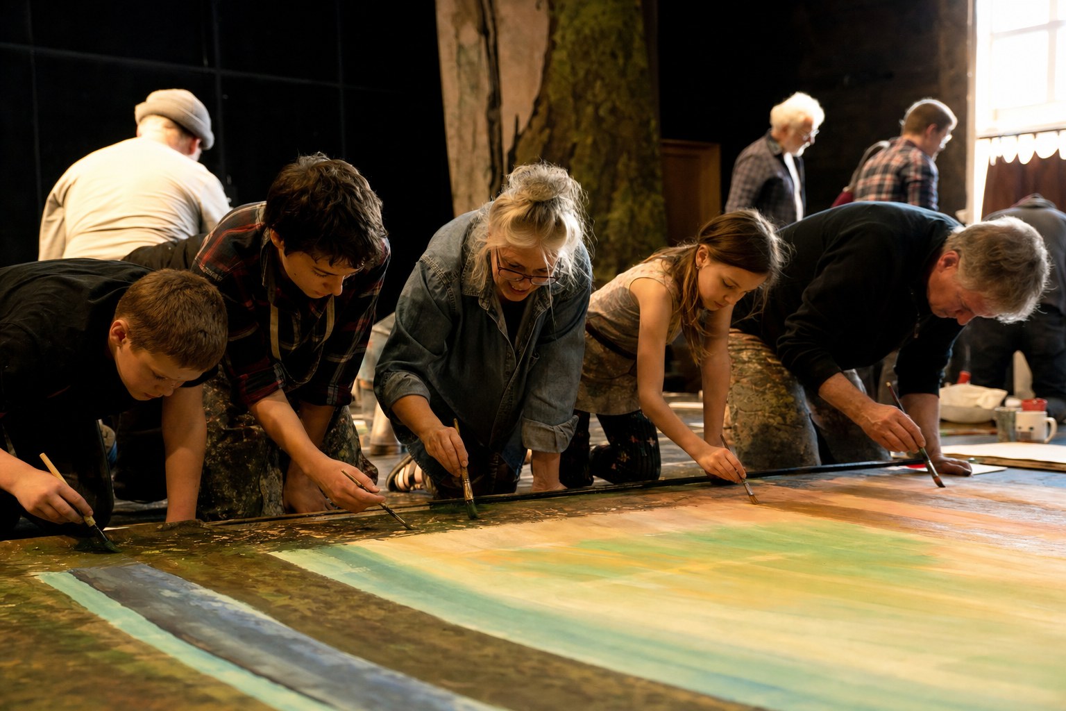 Community volunteers painting theatre scenery together in a workshop