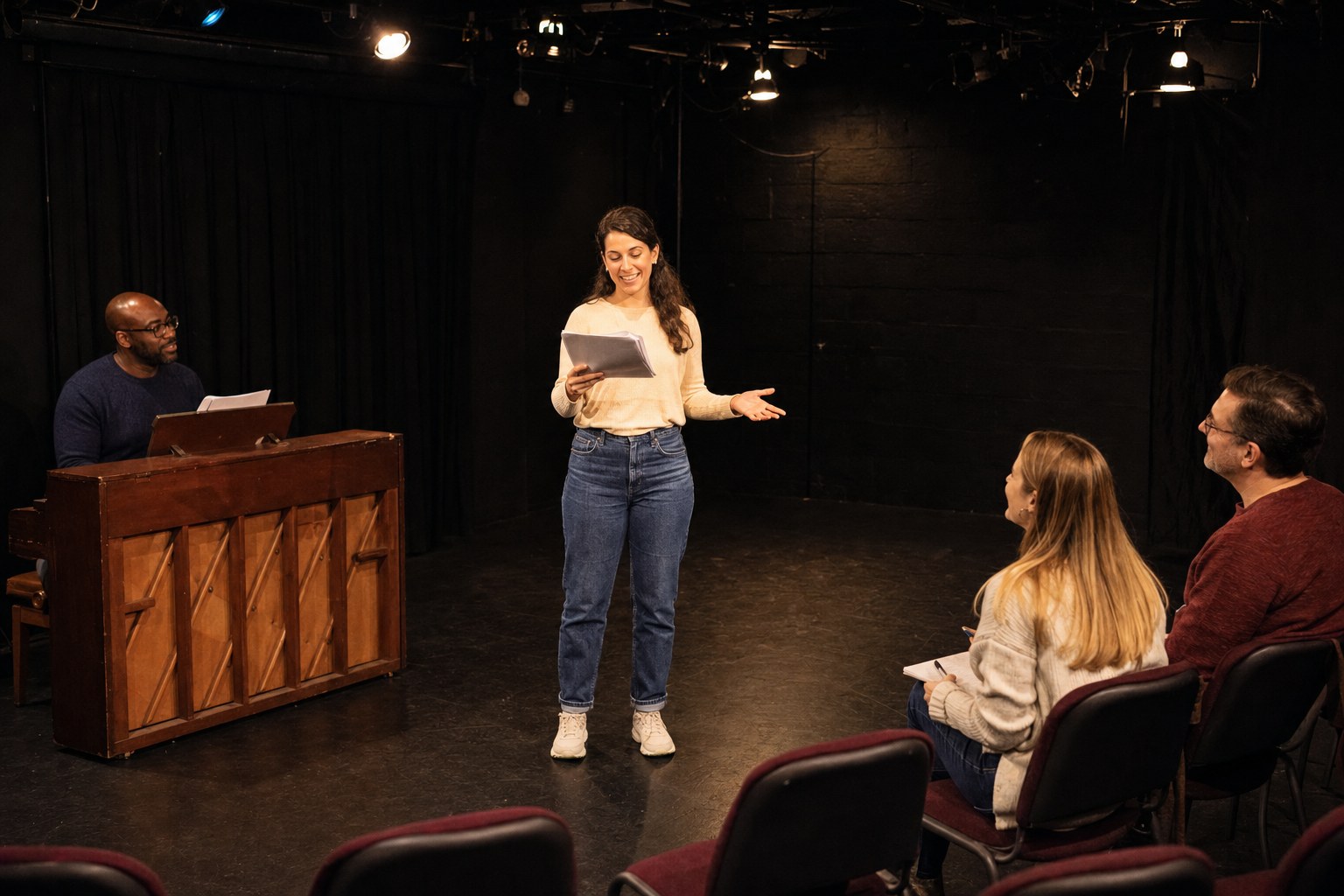 An adult reading from a script at a welcoming community theatre audition