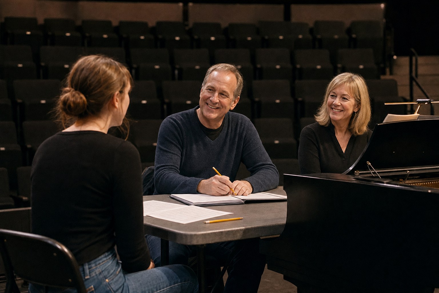 A first-time performer meeting a welcoming director and accompanist at an audition table