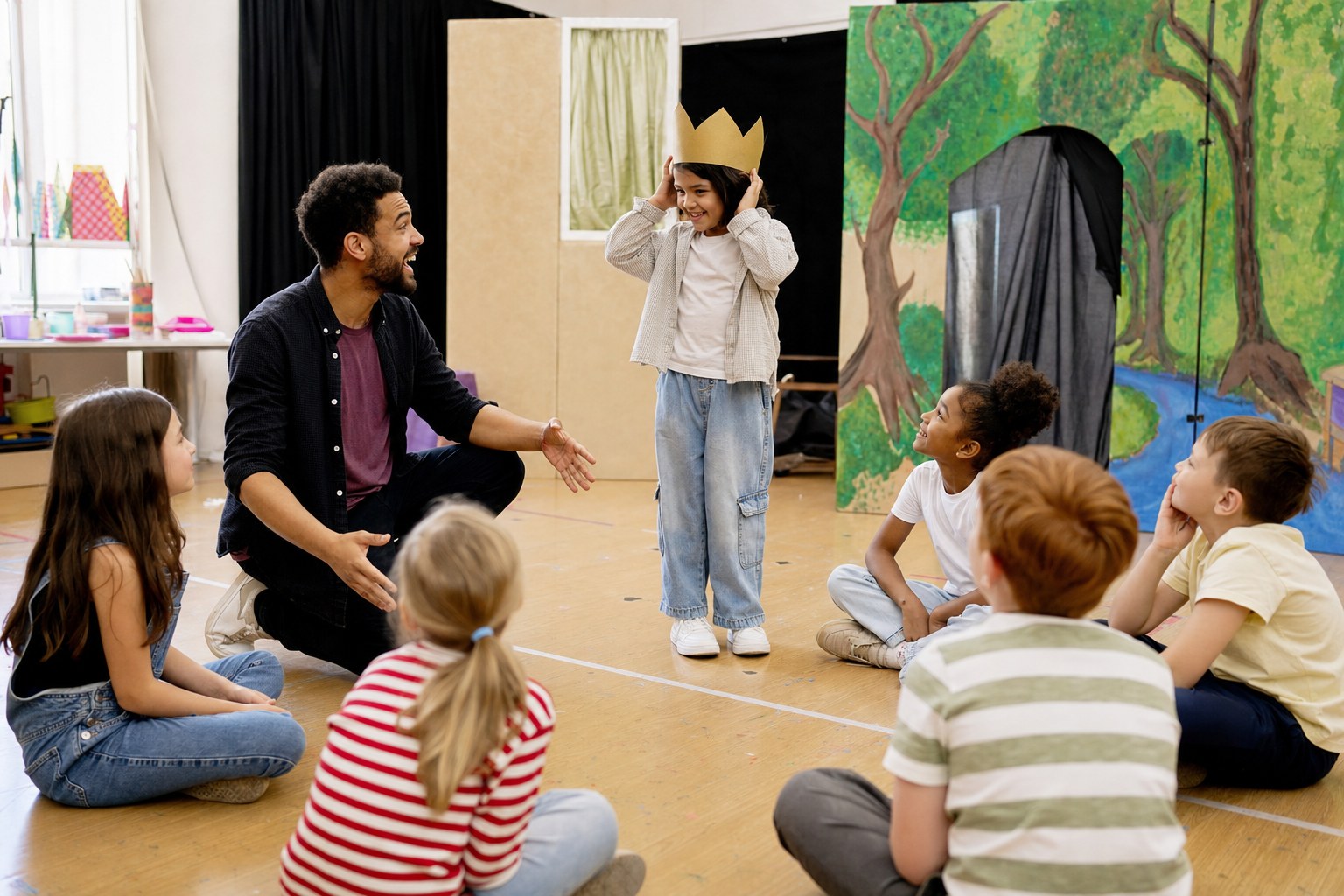 Children learning together in a theatre classroom
