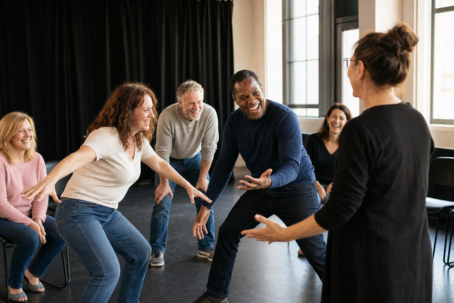Adult beginners laughing through an acting exercise in a theatre classroom