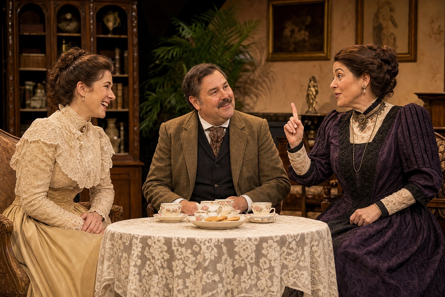 Actors performing a lively drawing-room scene