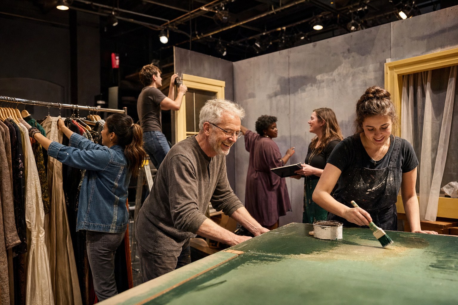 Community theatre members working together on painted scenery and costumes