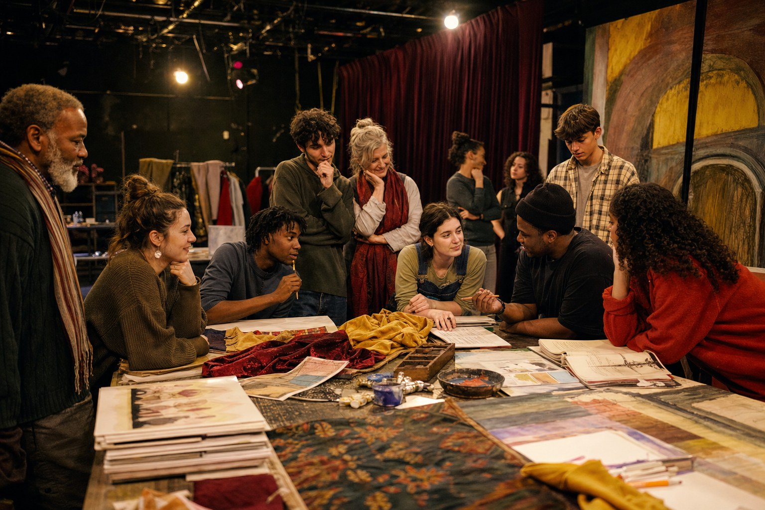 Community theatre artists preparing a season together in a black box rehearsal space
