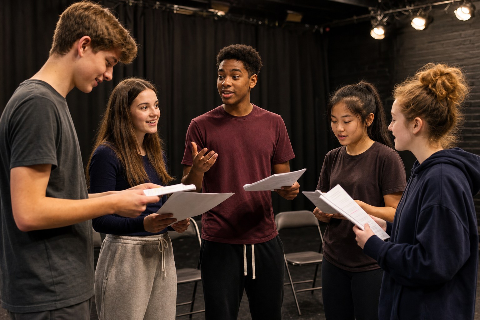 Teen performers in rehearsal clothes reading Shakespeare scenes from scripts in Harrowlight's black box