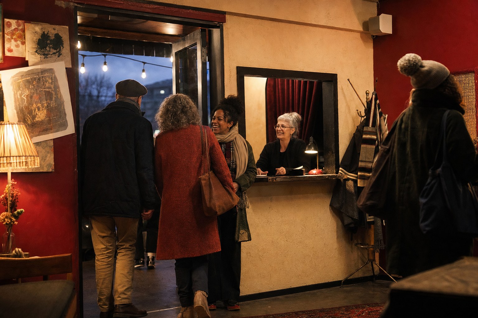 The welcoming lobby of an intimate community theatre before a performance